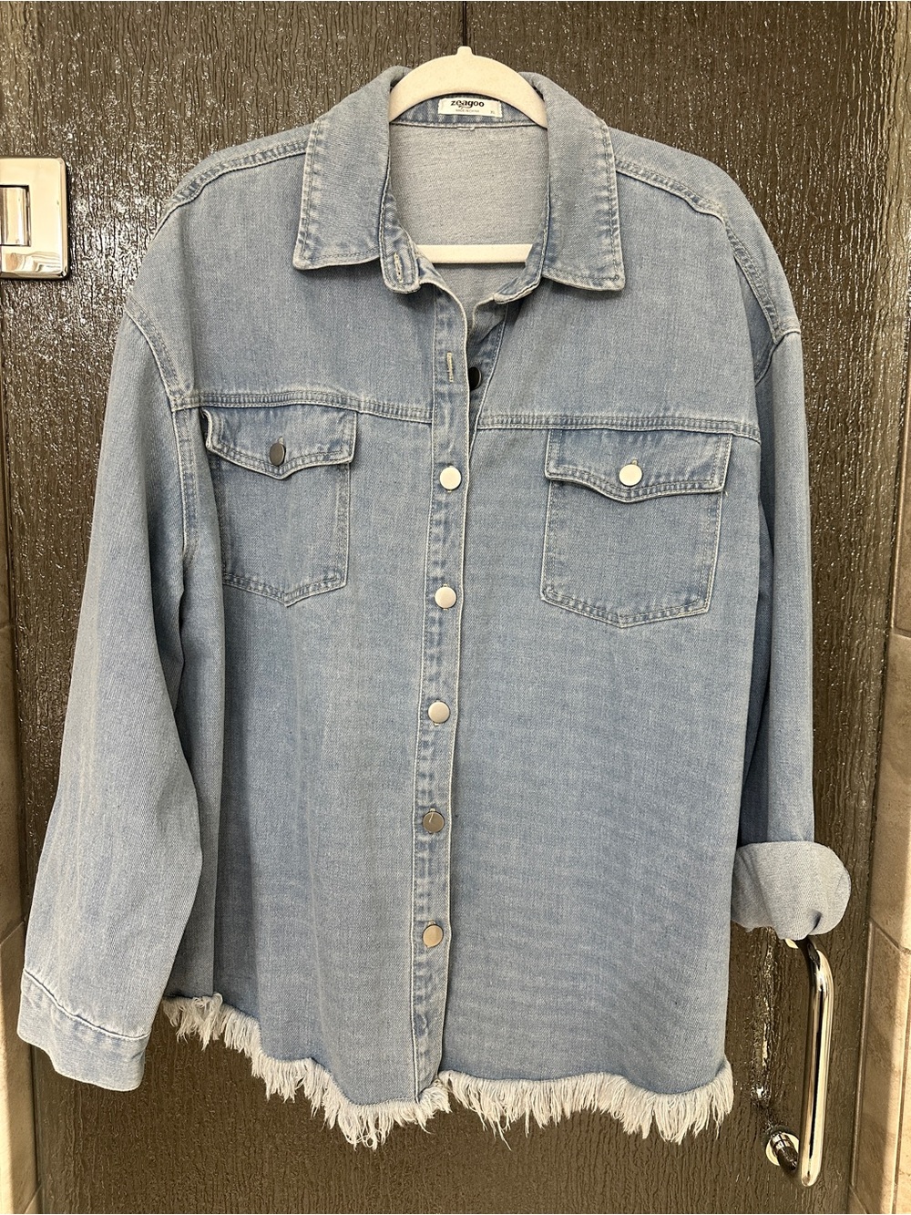 Zeagoo Light Blue Denim Button Shirt/Jacket Frayed Hem Size XL